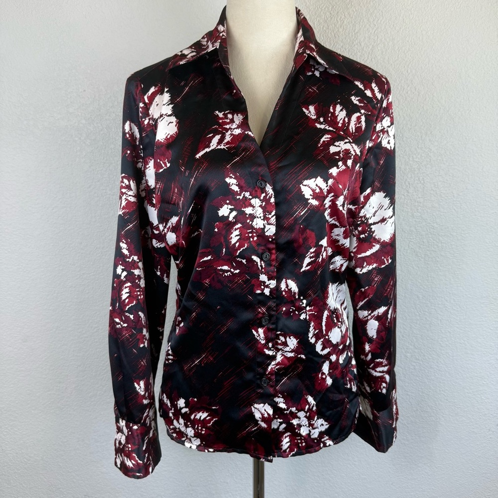 East 5th Women's Satin Black Red Shirt Button Down Long Sleeve Floral Size 12